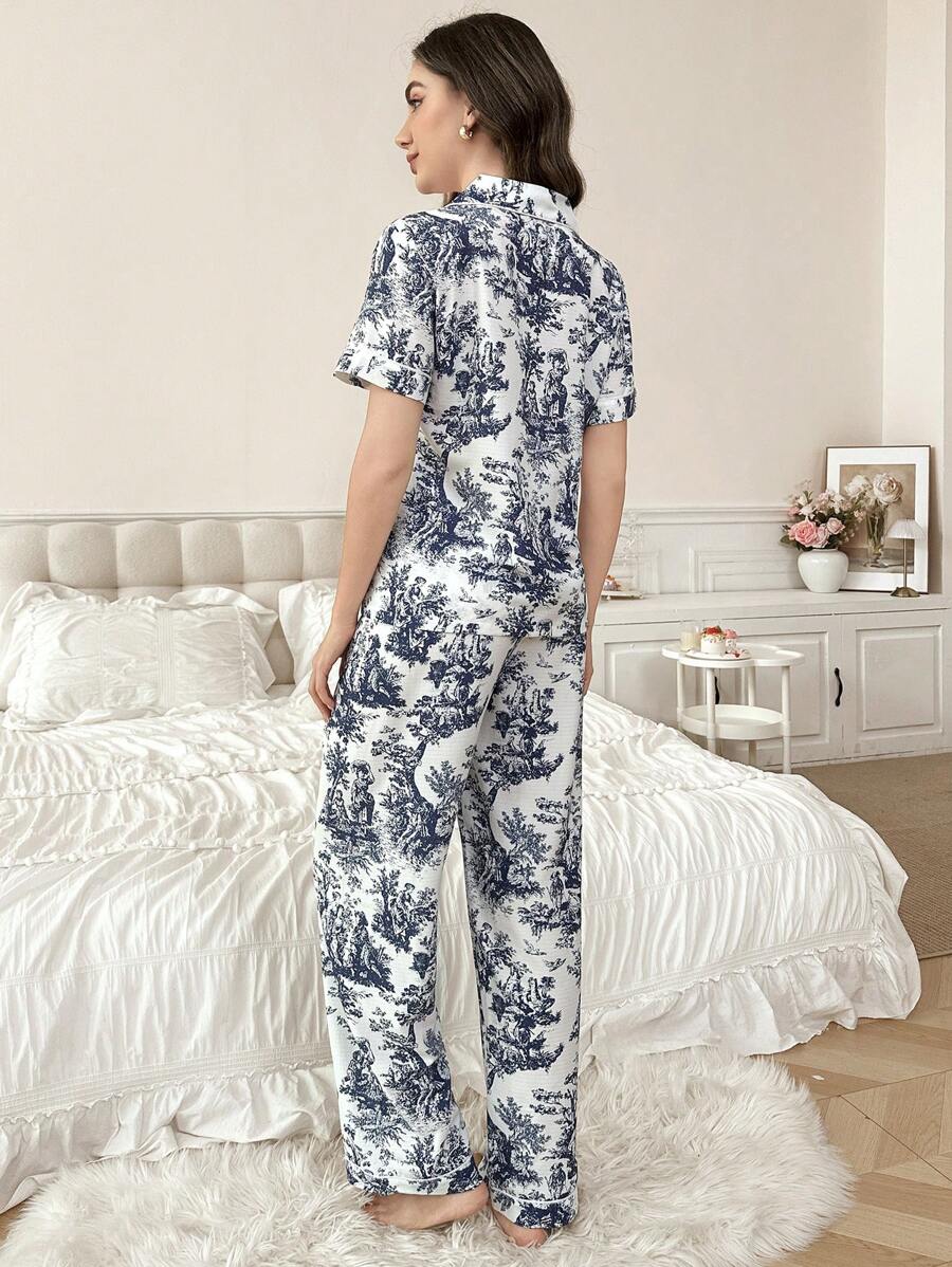 SHEIN Serenescape طقم بيجامة بلوزة بأكمام قصيرة وبنطال طويل