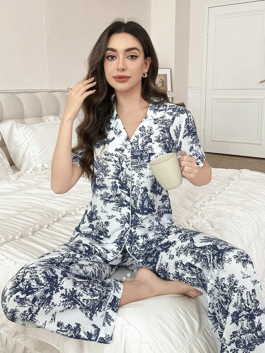 SHEIN Serenescape طقم بيجامة بلوزة بأكمام قصيرة وبنطال طويل