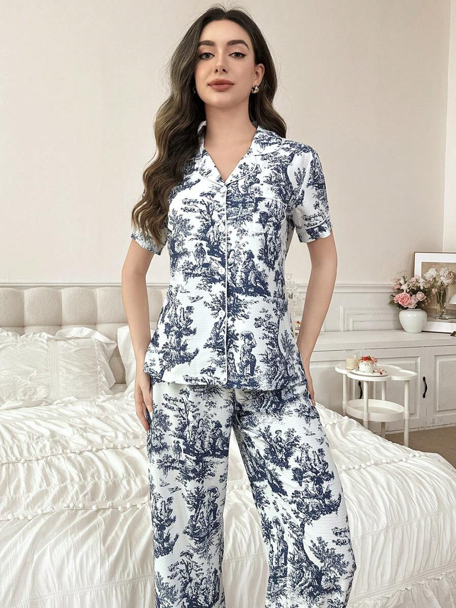 SHEIN Serenescape طقم بيجامة بلوزة بأكمام قصيرة وبنطال طويل