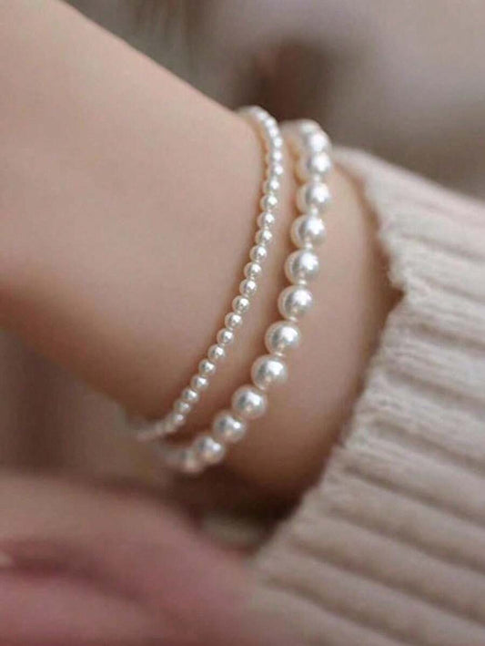 SHEIN مجموعة أساور 2 قطعة بيضاء باللؤلؤ الاصطناعي