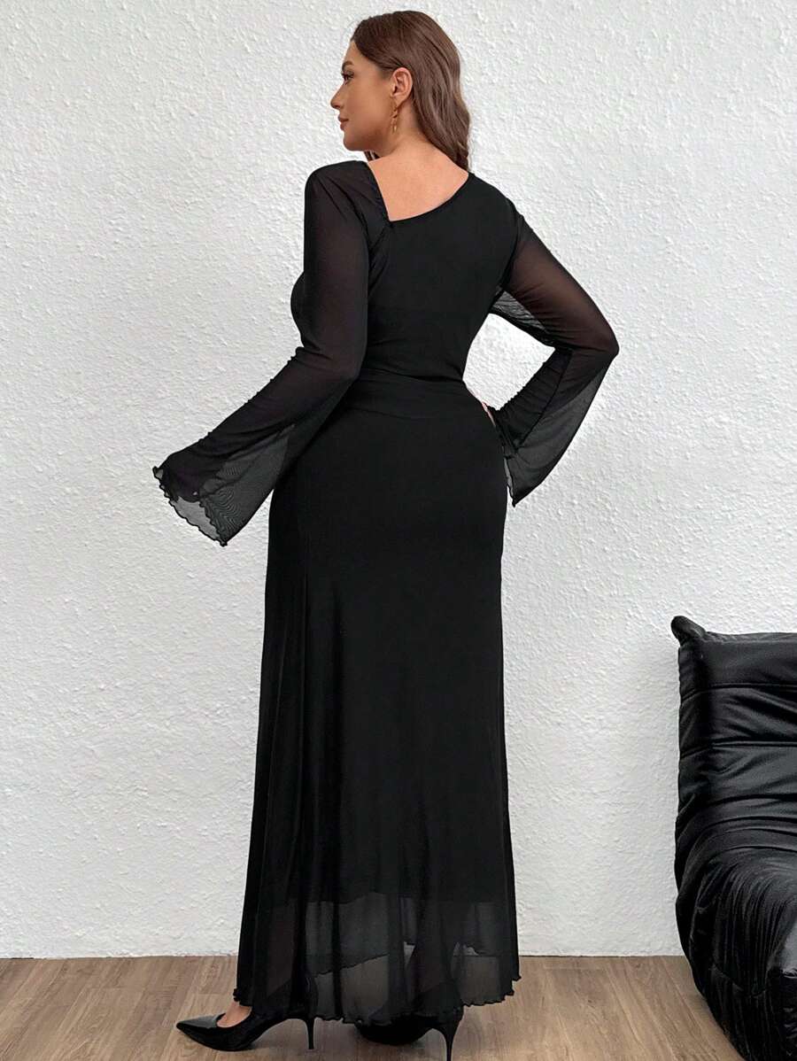 SHEIN Firerie فستان طويل أسود أنيق بقصة غير متماثلة وأكمام عباءة