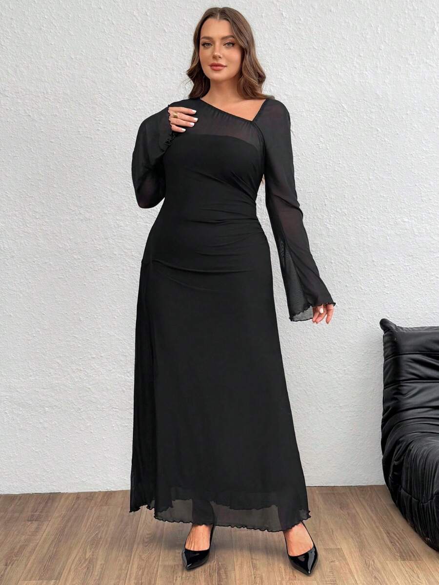 SHEIN Firerie فستان طويل أسود أنيق بقصة غير متماثلة وأكمام عباءة