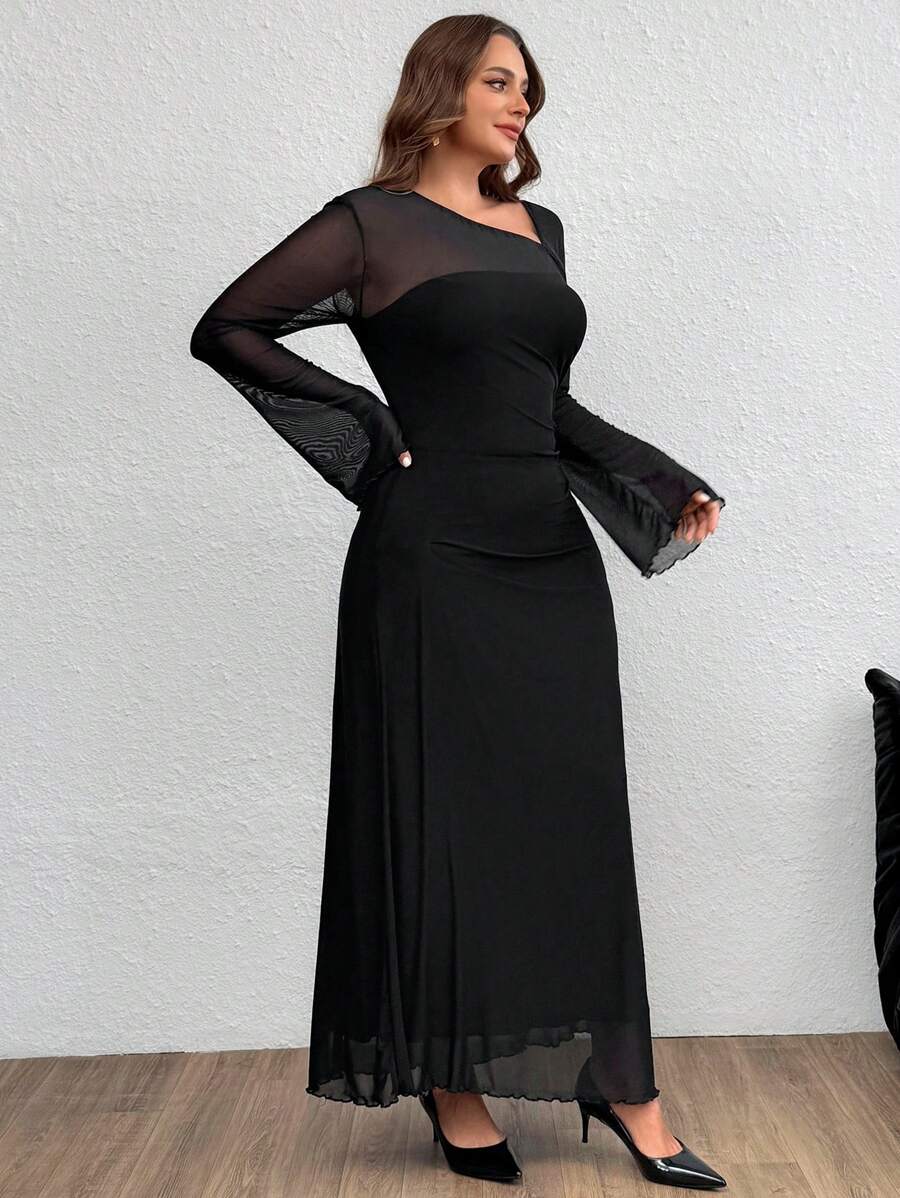 SHEIN Firerie فستان طويل أسود أنيق بقصة غير متماثلة وأكمام عباءة