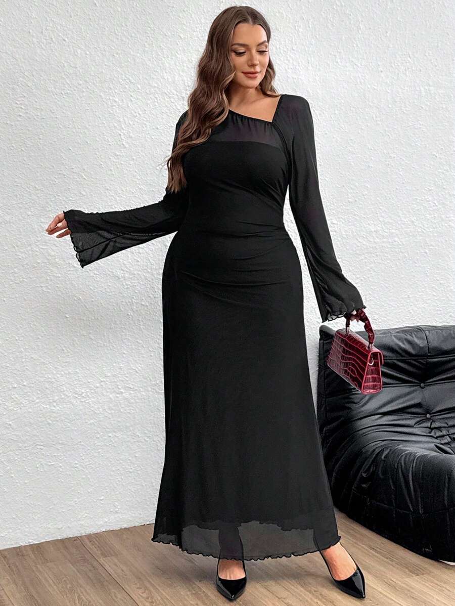 SHEIN Firerie فستان طويل أسود أنيق بقصة غير متماثلة وأكمام عباءة