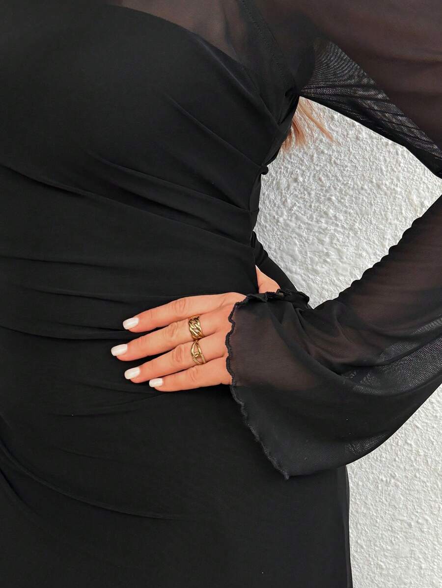SHEIN Firerie فستان طويل أسود أنيق بقصة غير متماثلة وأكمام عباءة