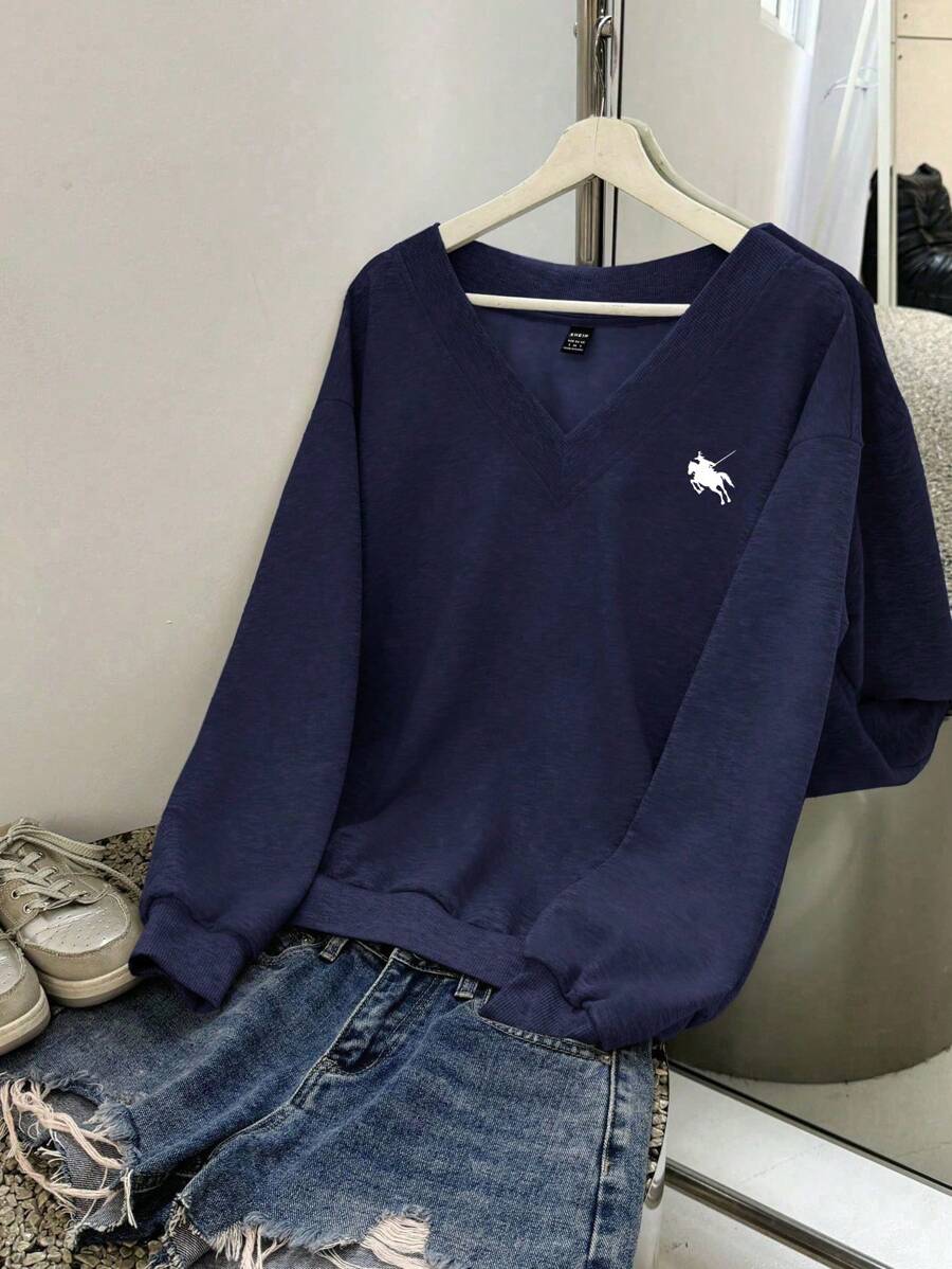 SHEIN EZwear بلوزة رياضية زرقاء فضفاضة بياقة