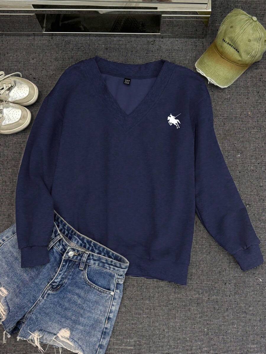 SHEIN EZwear بلوزة رياضية زرقاء فضفاضة بياقة