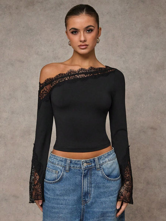 SHEIN BAE بلوزة سوداء نصف شفافة بياقة مضفرة وأكمام متقلبة