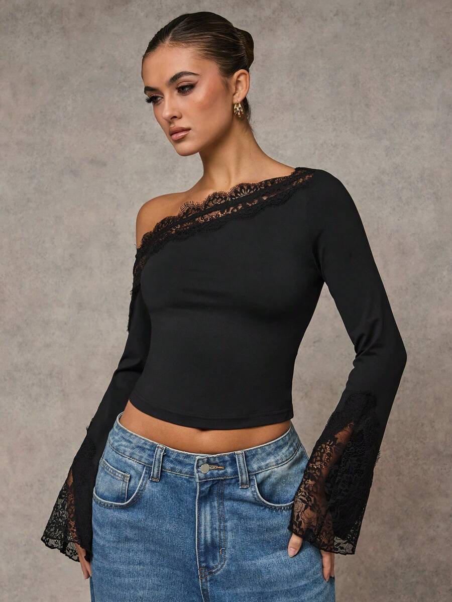 SHEIN BAE بلوزة سوداء نصف شفافة بياقة مضفرة وأكمام متقلبة