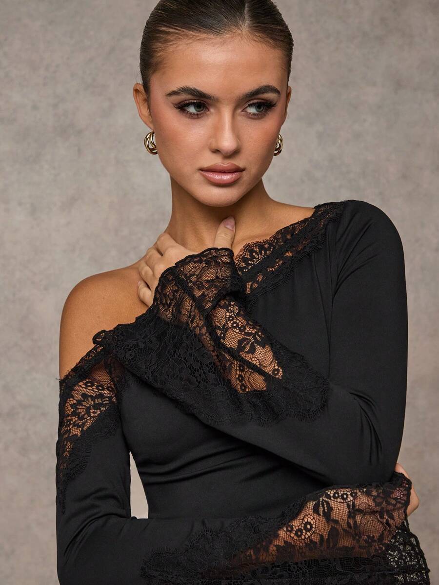 SHEIN BAE بلوزة سوداء نصف شفافة بياقة مضفرة وأكمام متقلبة