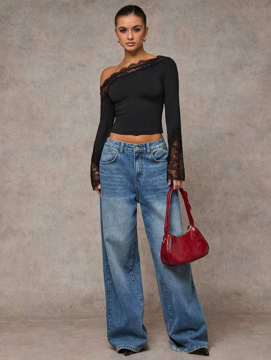 SHEIN BAE بلوزة سوداء نصف شفافة بياقة مضفرة وأكمام متقلبة
