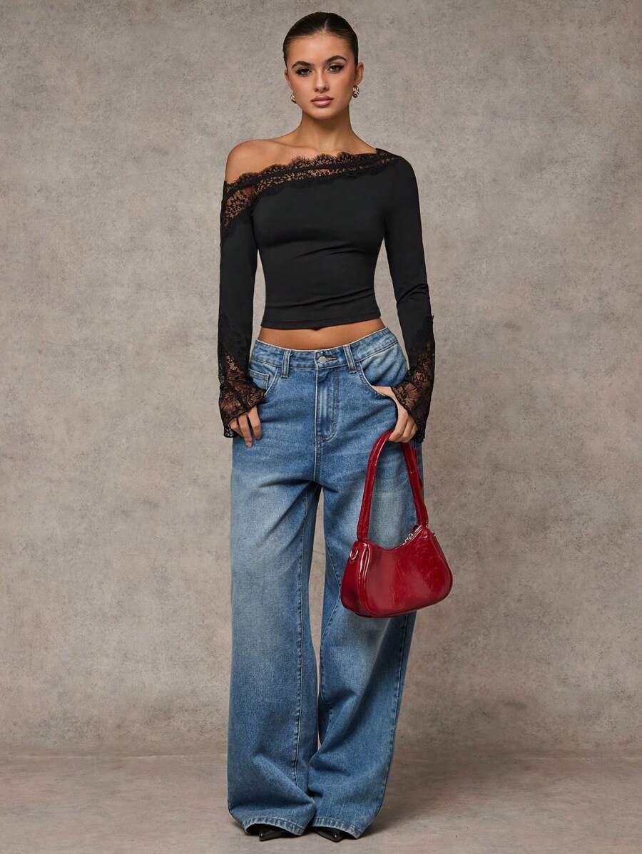 SHEIN BAE بلوزة سوداء نصف شفافة بياقة مضفرة وأكمام متقلبة