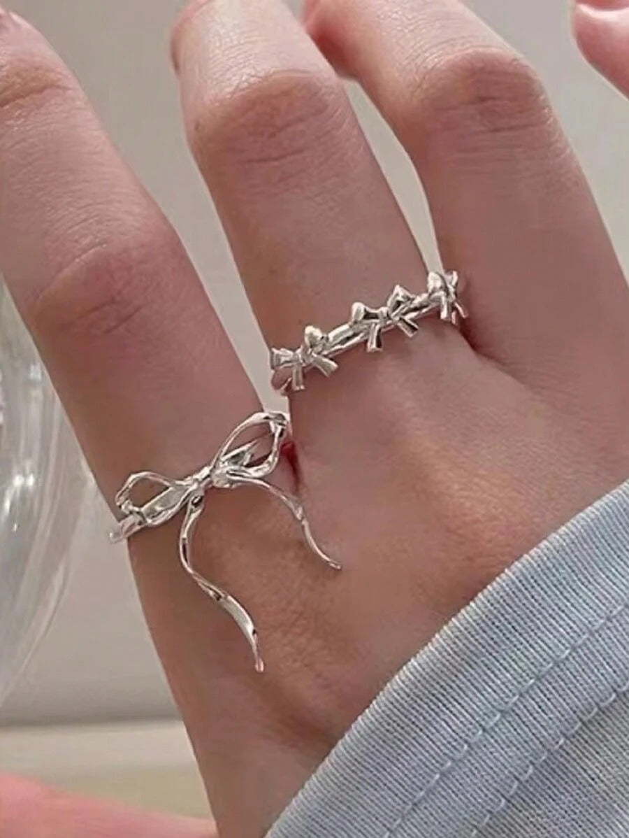 SHEIN طقم 2 خواتم فضية فيونكة مفتوحة