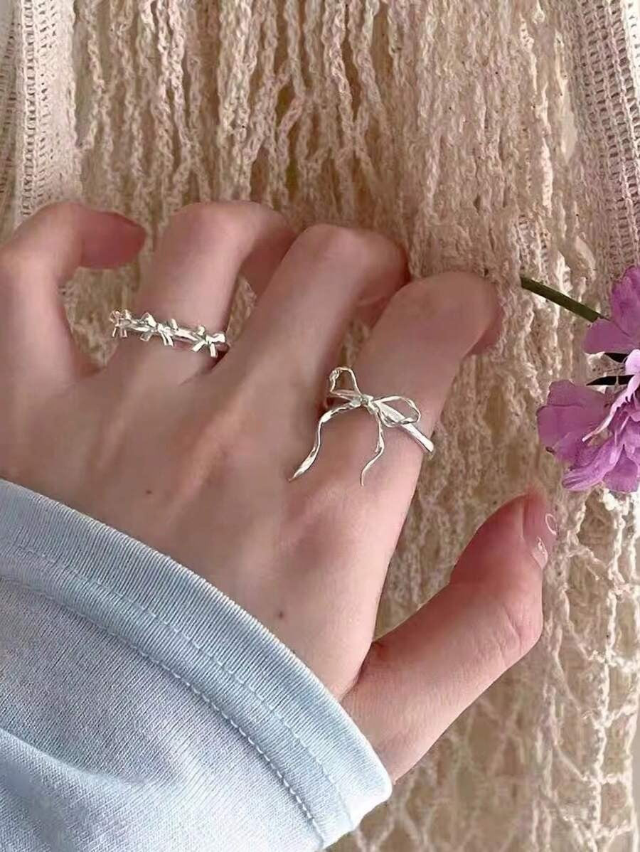 SHEIN طقم 2 خواتم فضية فيونكة مفتوحة