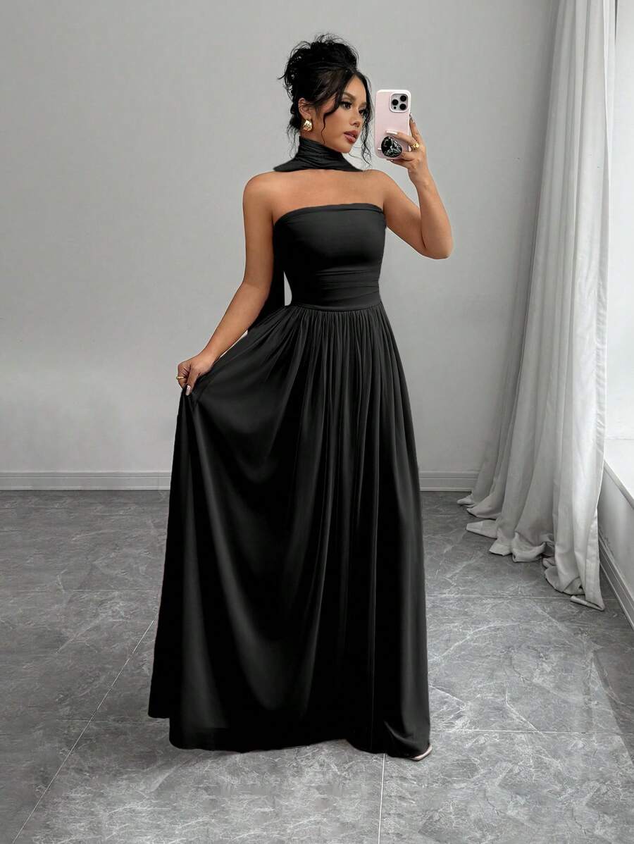 SHEIN Elenzga فستان أسود طويل ضيق من الخصر