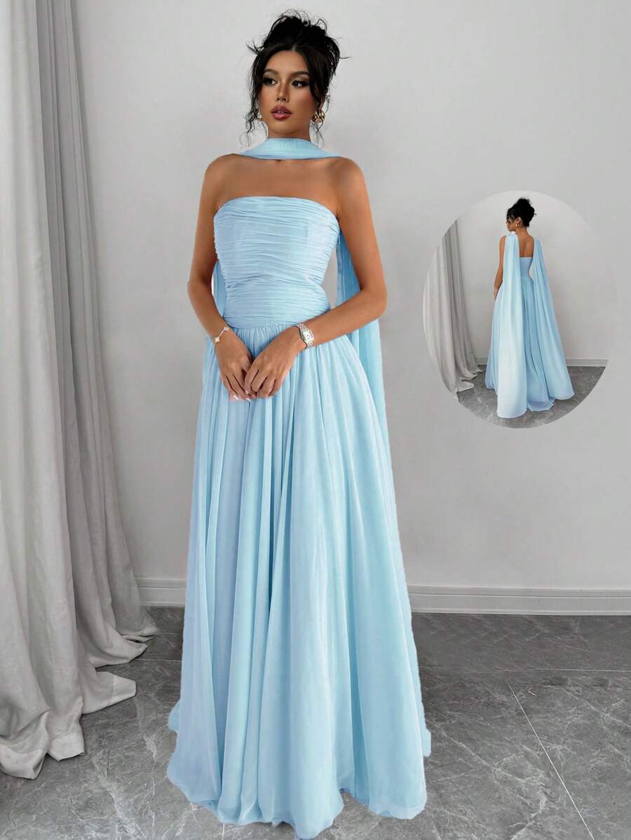 SHEIN Elenzga فستان أنيق بدون أكتاف بلون أزرق فاتح
