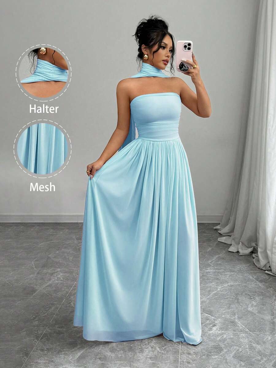 SHEIN Elenzga فستان أنيق بدون أكتاف بلون أزرق فاتح