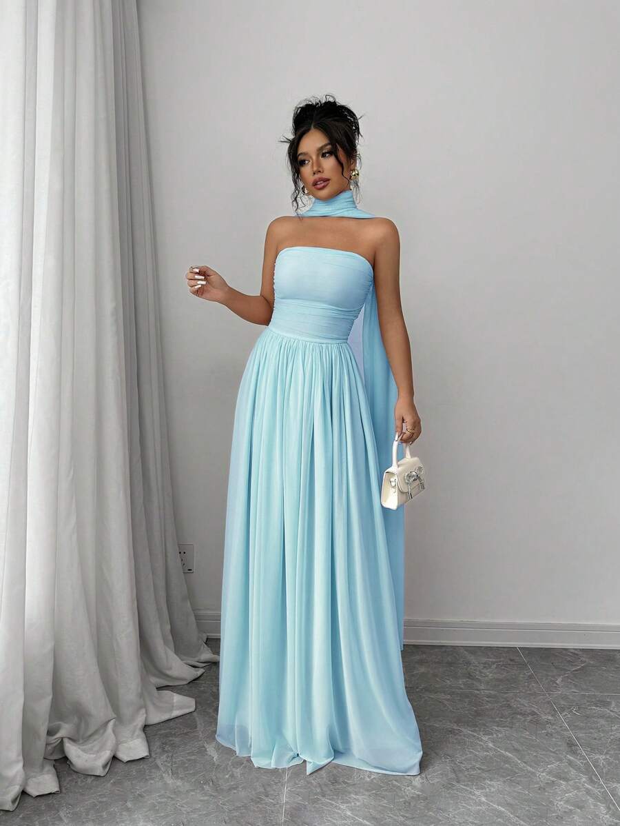 SHEIN Elenzga فستان أنيق بدون أكتاف بلون أزرق فاتح