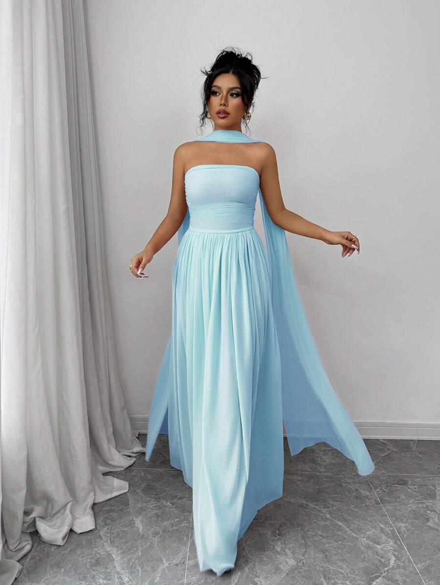 SHEIN Elenzga فستان أنيق بدون أكتاف بلون أزرق فاتح