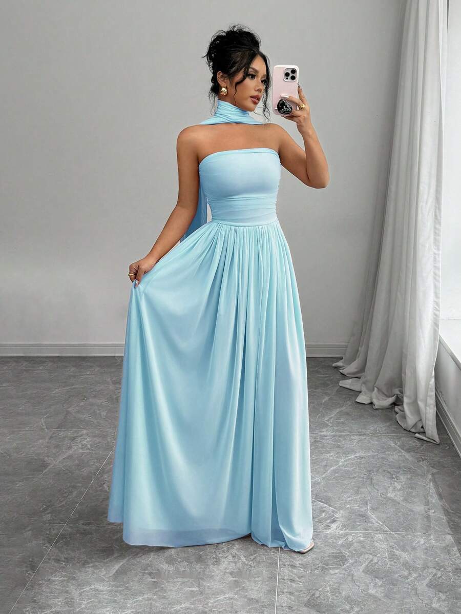 SHEIN Elenzga فستان أنيق بدون أكتاف بلون أزرق فاتح