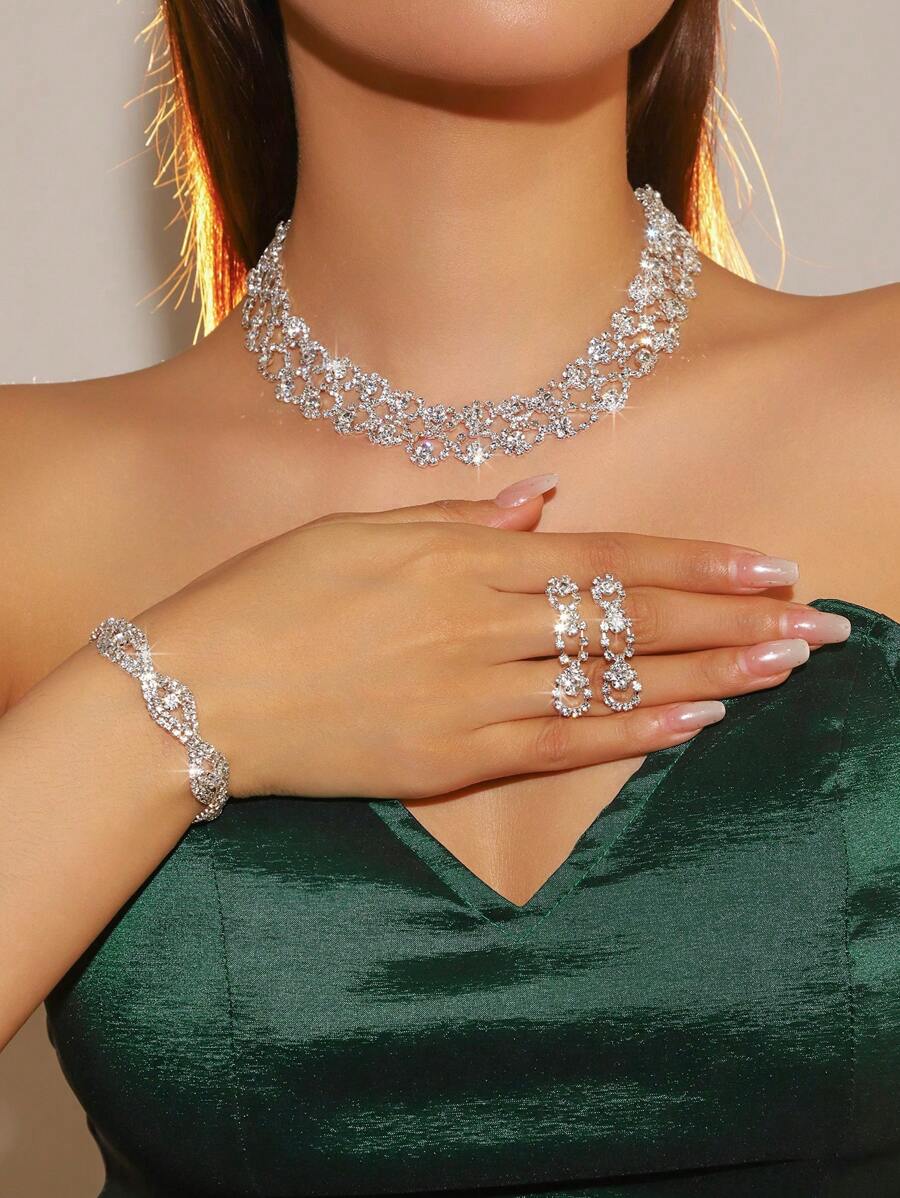 SHEIN مجموعة مجوهرات 3 قطع بيضاء تضم عقداً مزخرفاً بالراين