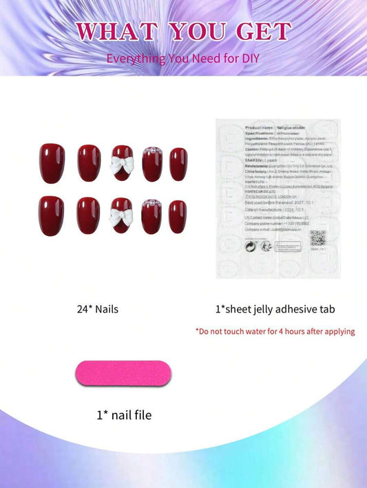 SHEIN أظافر 24 قطعة قصيرة بتصميم فراشة مع خرز أحمر مع غراء ومبرد