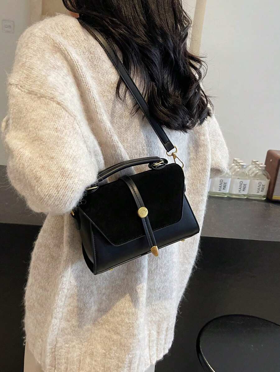 SHEIN حقيبة كتف سوداء من الغزال قابلة للطي