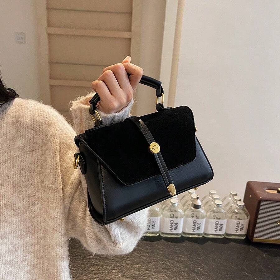 SHEIN حقيبة كتف سوداء من الغزال قابلة للطي