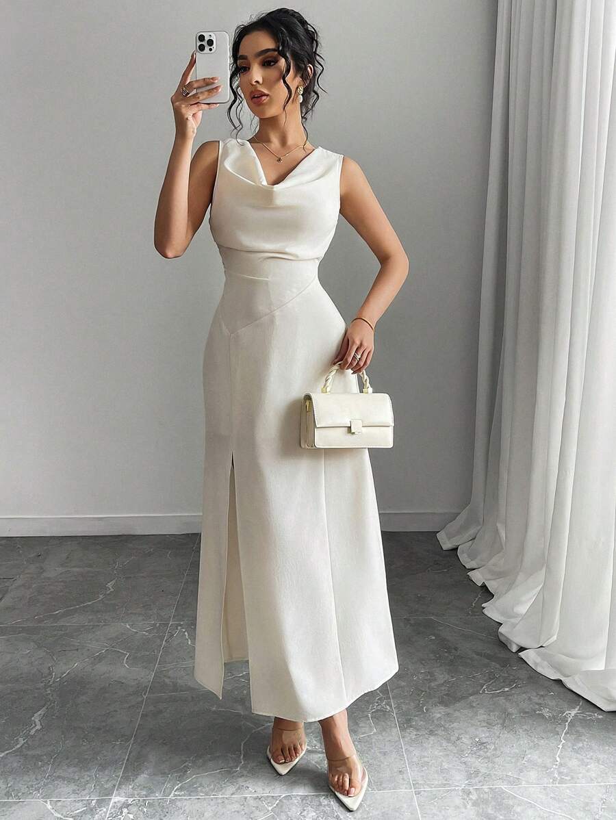 SHEIN RAFFERIZA فستان سهرة طويل أنيق بدون أكمام بياقة وفتحة خصر