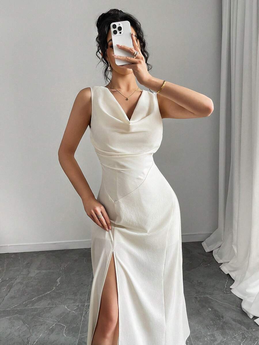 SHEIN RAFFERIZA فستان سهرة طويل أنيق بدون أكمام بياقة وفتحة خصر