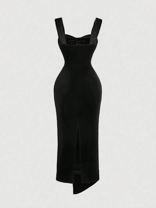 SHEIN MOD فستان أنيق ذو لفة أمامية، بحمالات واسعة بلون أسود