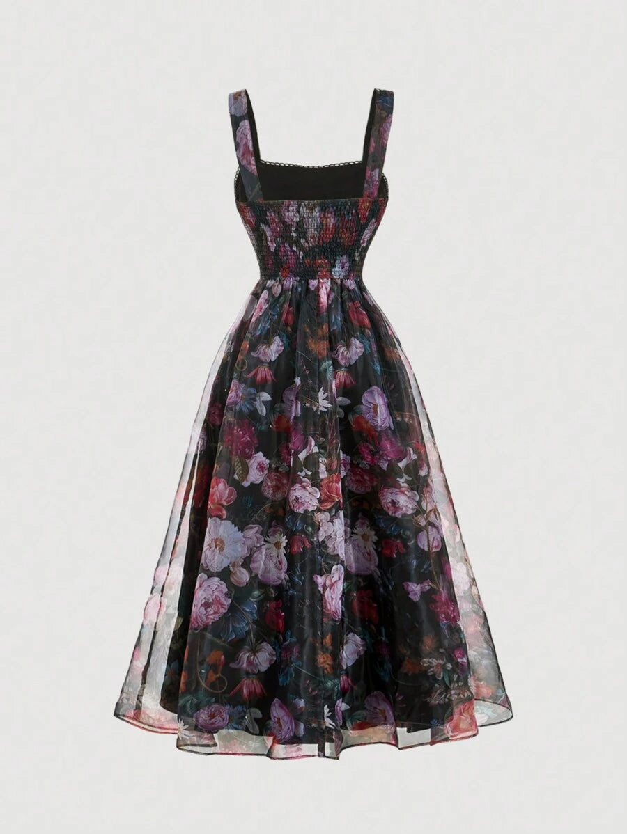 SHEIN MOD فستان طويل بطبعة زهور وفيونكة سوداء بطابع فينتاج