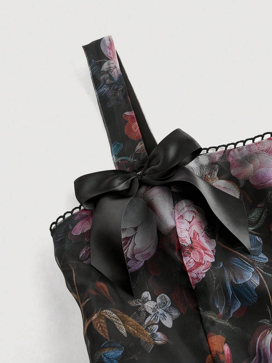 SHEIN MOD فستان طويل بطبعة زهور وفيونكة سوداء بطابع فينتاج