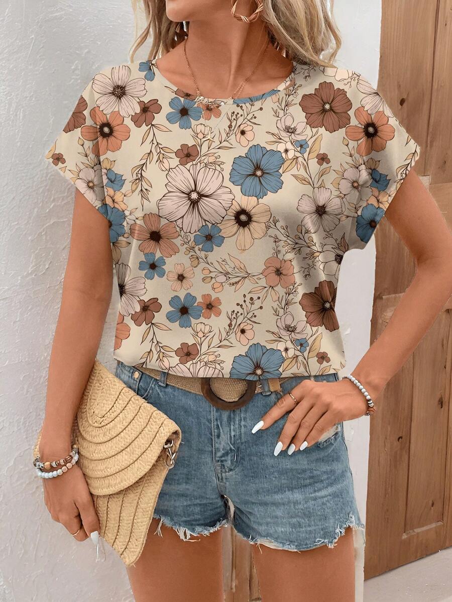 SHEIN EMERY ROSE قميص كاجوال بطبعة زهور عتيقة وياقة مستديرة