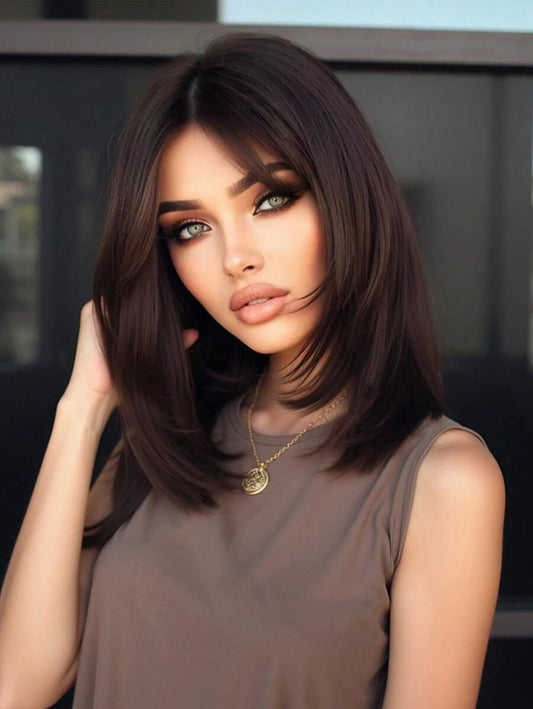 SHEIN باروكة شبه قصيرة مضفرة 14 بوصة بلون بني داكن