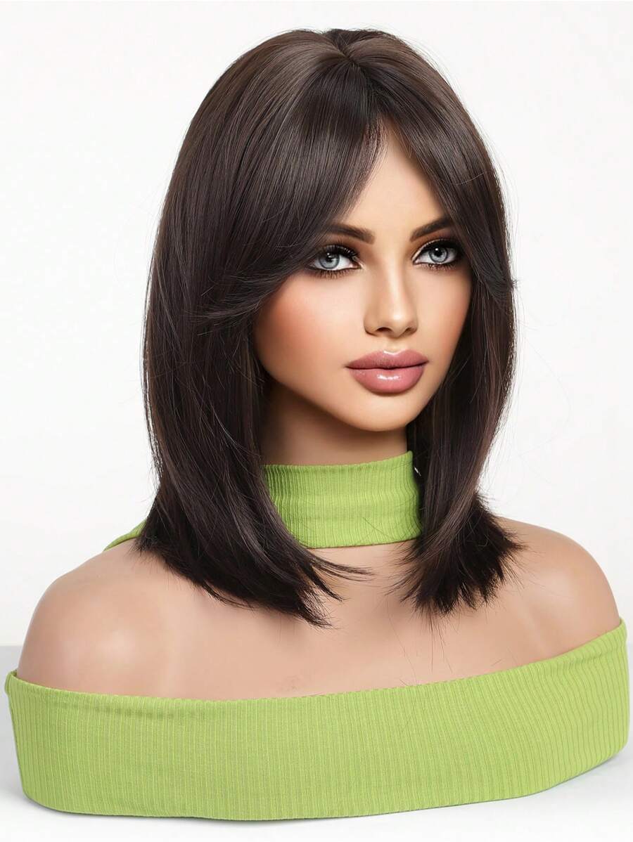 SHEIN باروكة شبه قصيرة مضفرة 14 بوصة بلون بني داكن