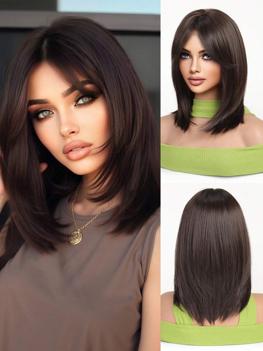 SHEIN باروكة شبه قصيرة مضفرة 14 بوصة بلون بني داكن