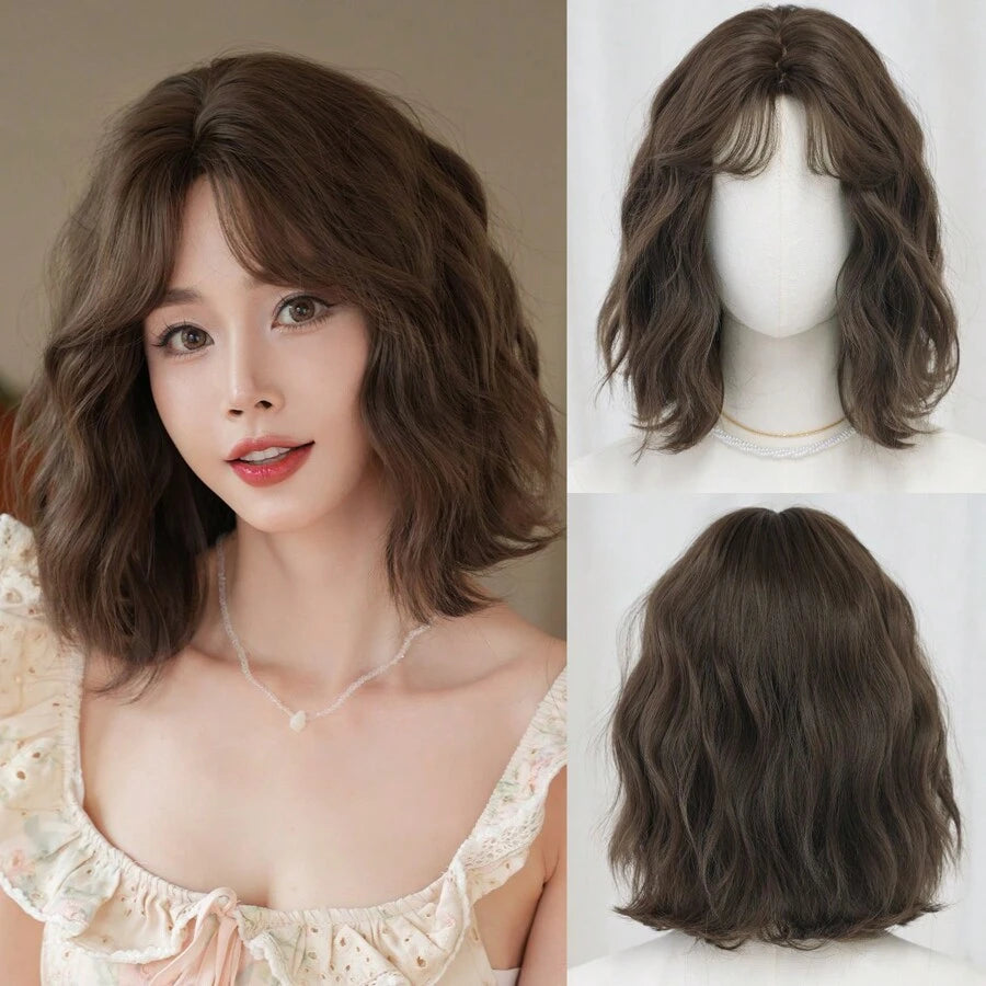 SHEIN NAMM طقم شعر مستعار قصير بني داكن متموج مع غرة ستائر 14 بوصة