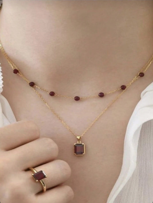 SHEIN قلادة ذهبية مزدوجة الطبقة بزركونيا مربعة
