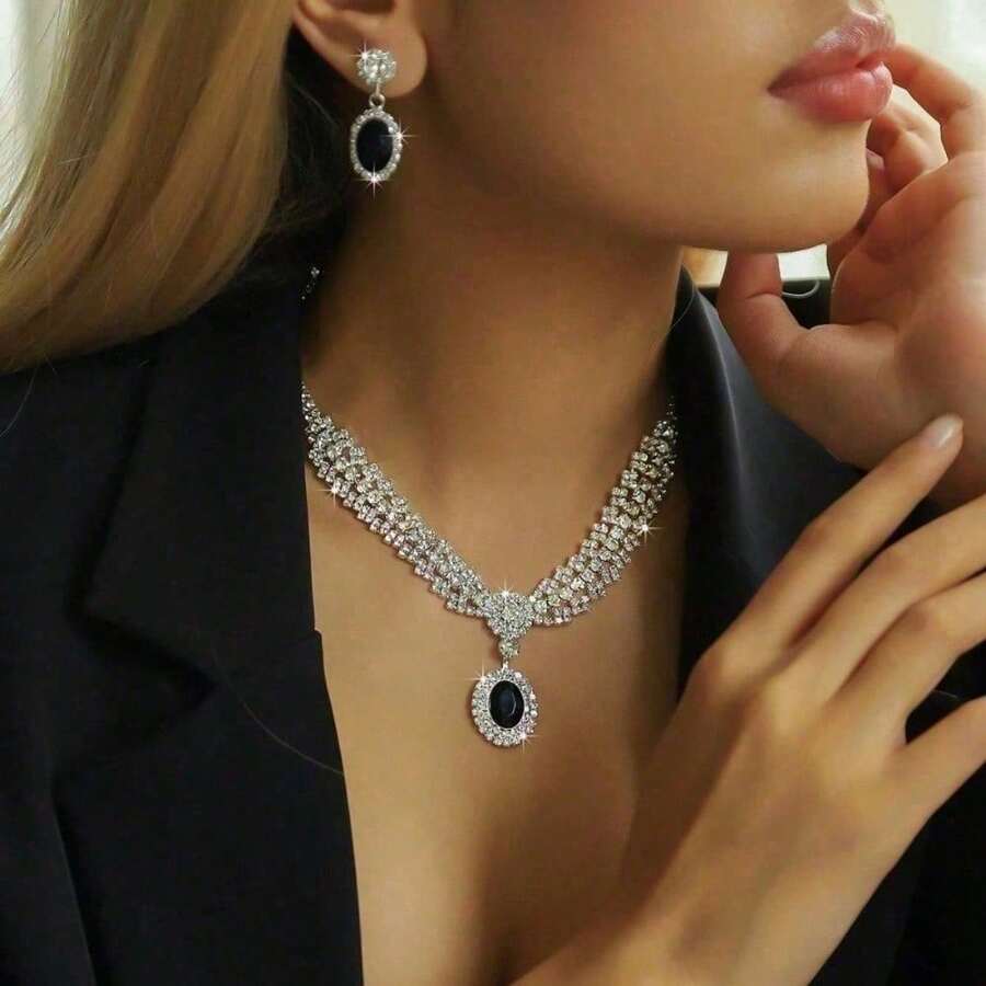 SHEIN طقم مجوهرات 3 قطع قلادة وأقراط بالكريستال