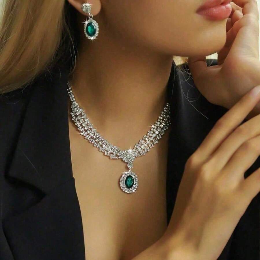 SHEIN طقم مجوهرات 3 قطع قلادة وأقراط بالكريستال