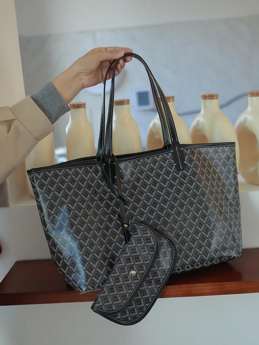 SHEIN حقيبة فاخرة كبيرة السعة بتصميم مخطط عصرية