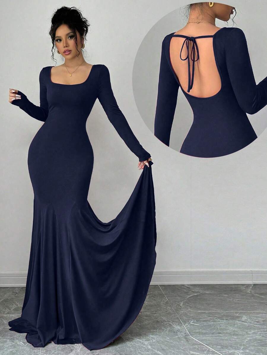 SHEIN Chiquease فستان ازرق بذيل سمكة ضيق بطراز حورية البحر