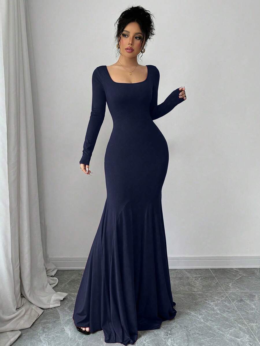 SHEIN Chiquease فستان ازرق بذيل سمكة ضيق بطراز حورية البحر