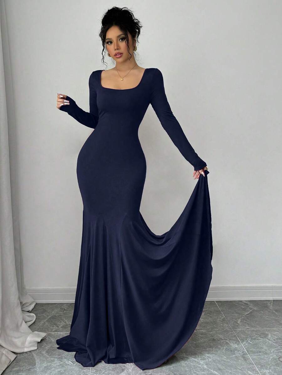 SHEIN Chiquease فستان ازرق بذيل سمكة ضيق بطراز حورية البحر
