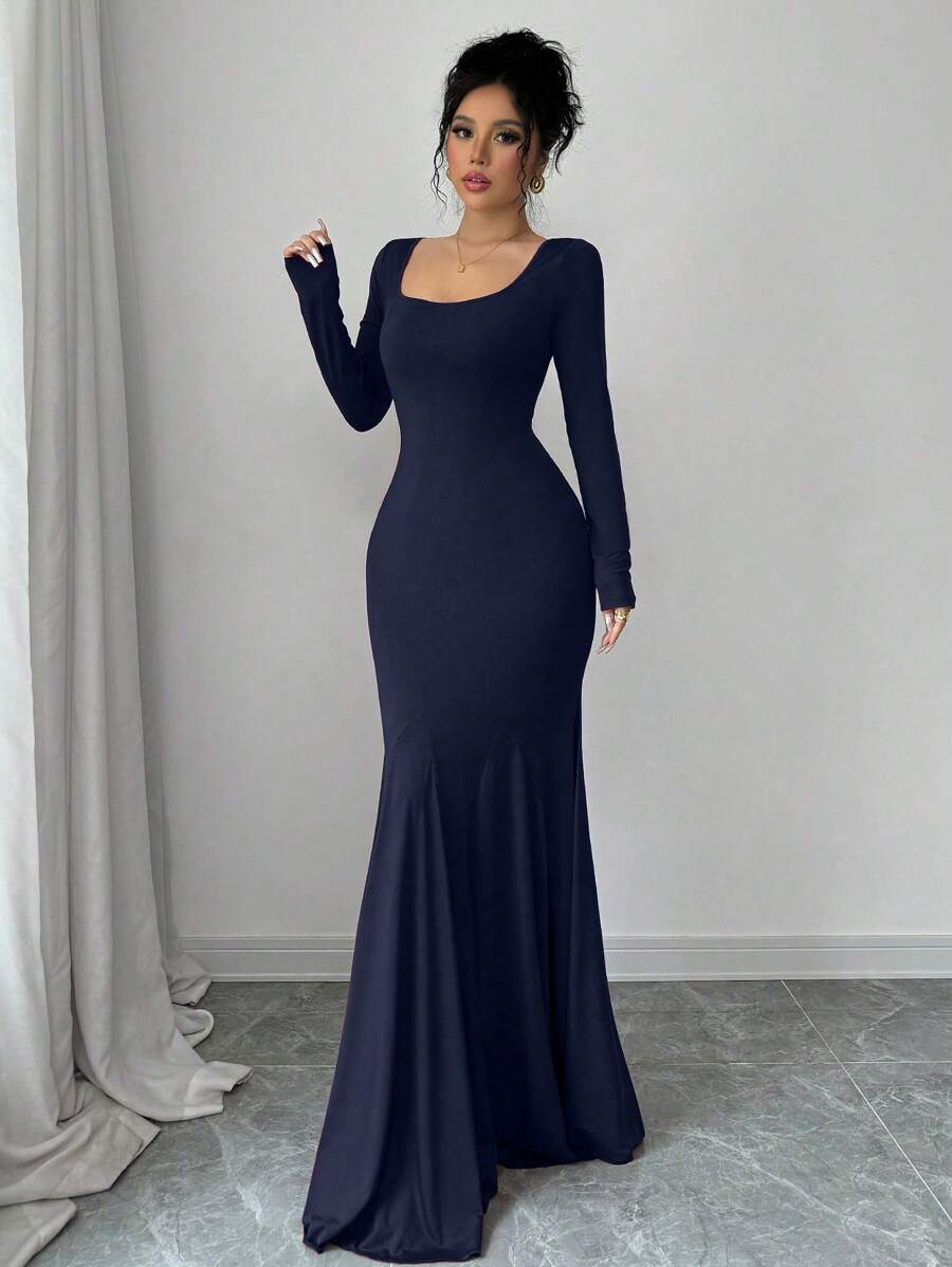 SHEIN Chiquease فستان ازرق بذيل سمكة ضيق بطراز حورية البحر