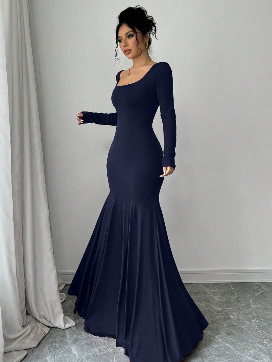 SHEIN Chiquease فستان ازرق بذيل سمكة ضيق بطراز حورية البحر