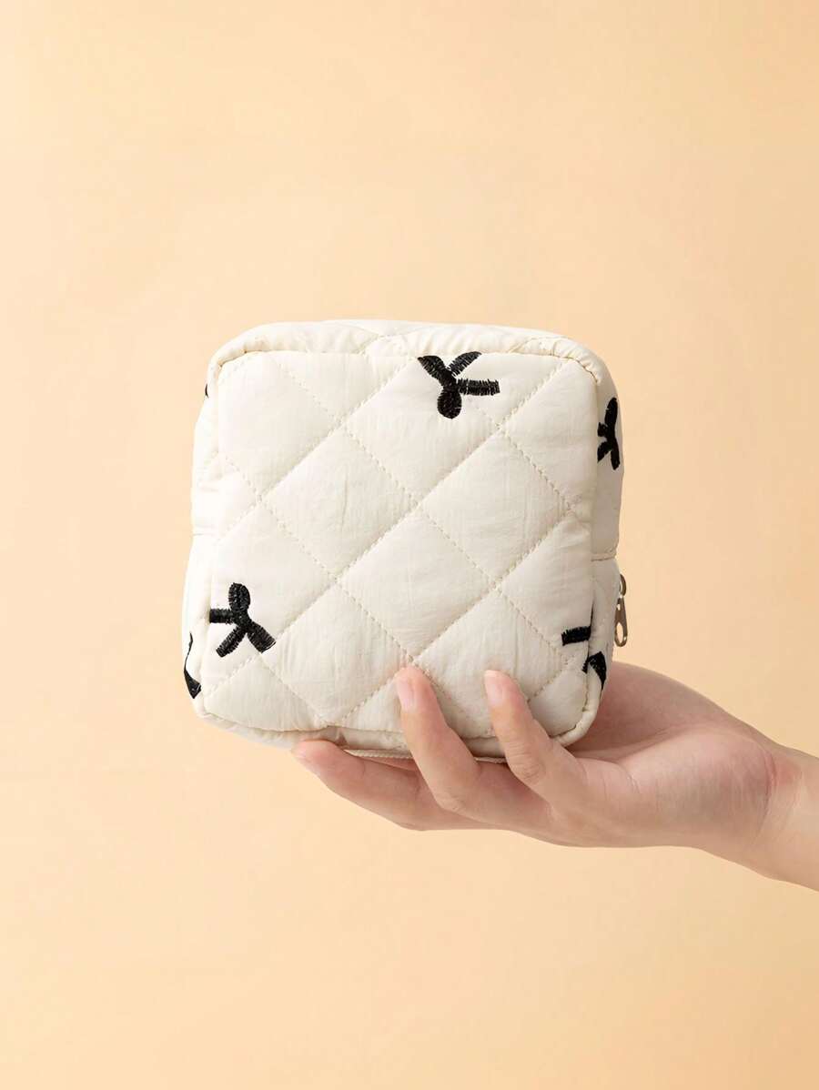 SHEIN حقيبة مكياج صغيرة محمولة بسحاب ونمط فيونكة