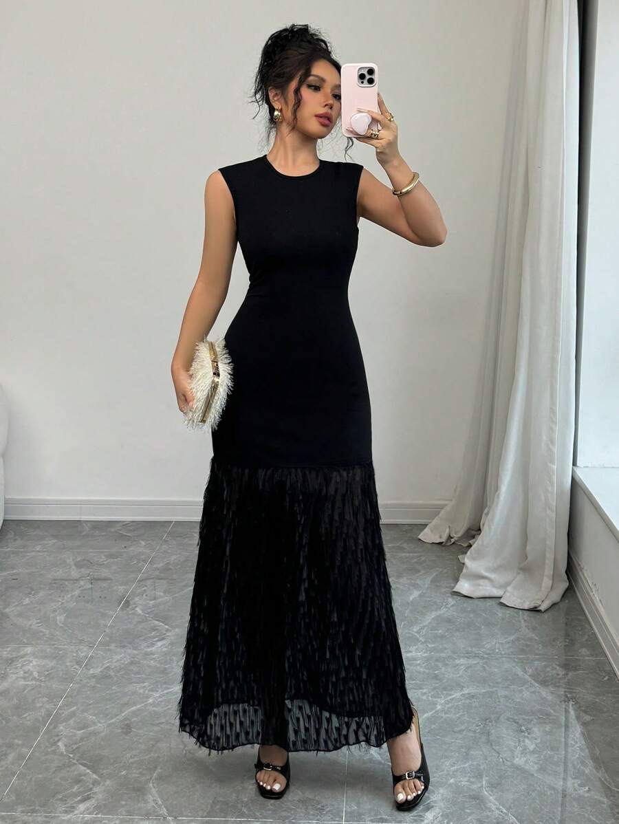SHEIN Elenzga فستان أسود طويل بدون أكمام بحافة ريش أنيقة