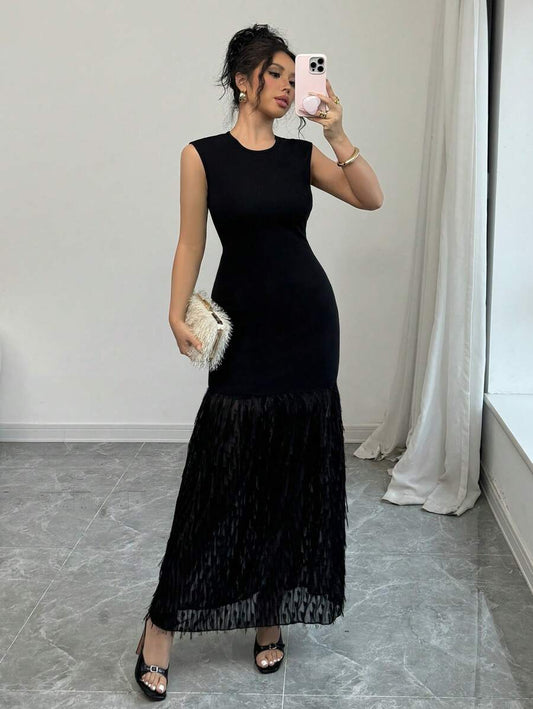 SHEIN Elenzga فستان أسود طويل بدون أكمام بحافة ريش أنيقة